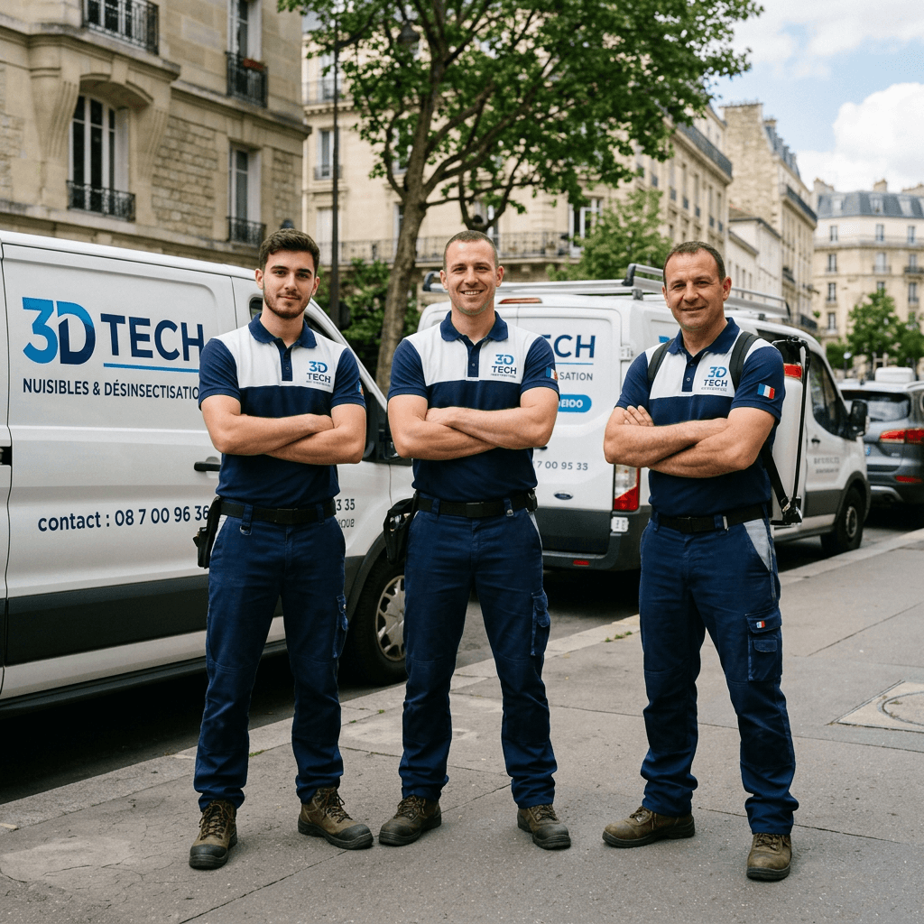 Équipe de techniciens 3D-TECH devant leurs véhicules d'intervention