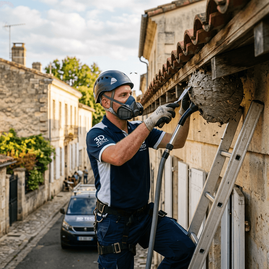Technicien 3D-TECH intervenant en hauteur sur une façade de bâtiment